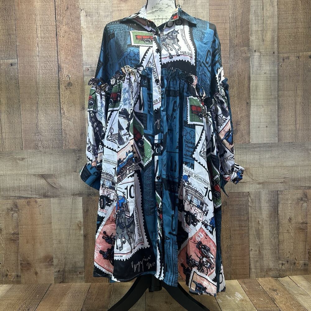 Beulah Style Dress Smock Tunic Blue Stamp Pattern One Size NWT $120